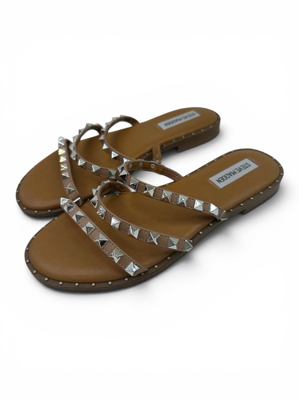 Steve Madden Studded Slide Sandals Nude Taupe Silver Studs Women’s 7